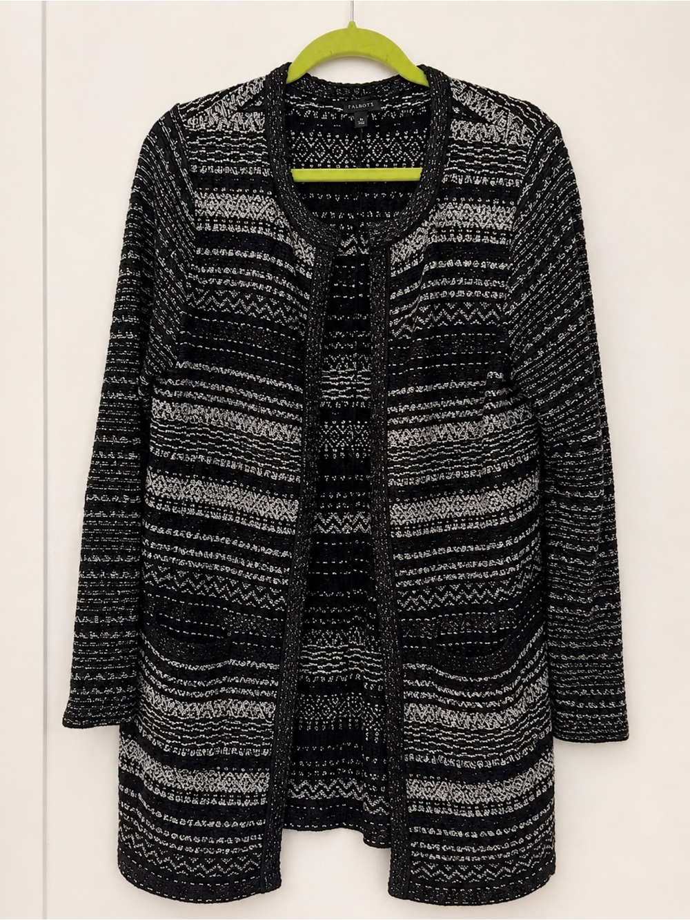 Talbots Black & White Metallic Knit Open Front Cardigan – Size M